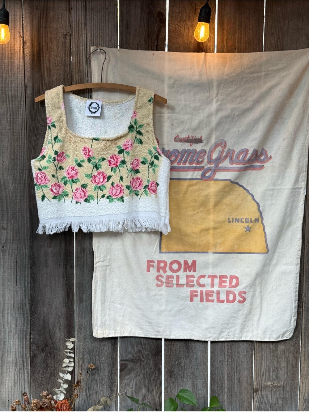 Handmade towel top Fringe Cropped Tank Top - Cream & Pink